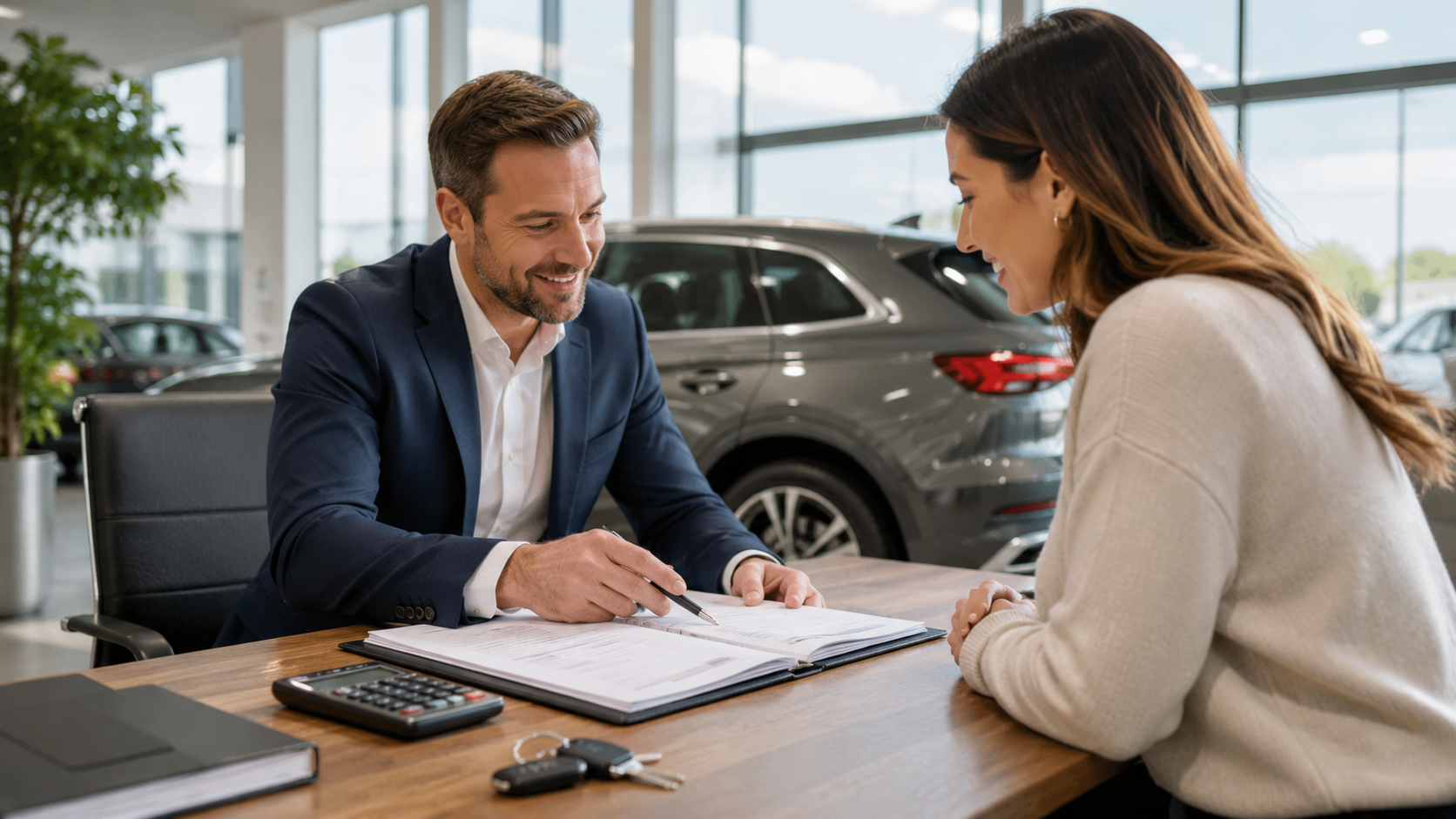 Autokredit im Alltag: Beratung im Autohaus mit Blick auf Unterlagen, Rate und Fahrzeug.