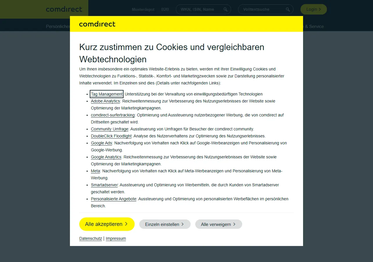 Startseite der Website von comdirect