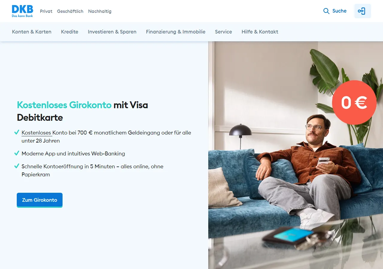 Startseite der Website von DKB