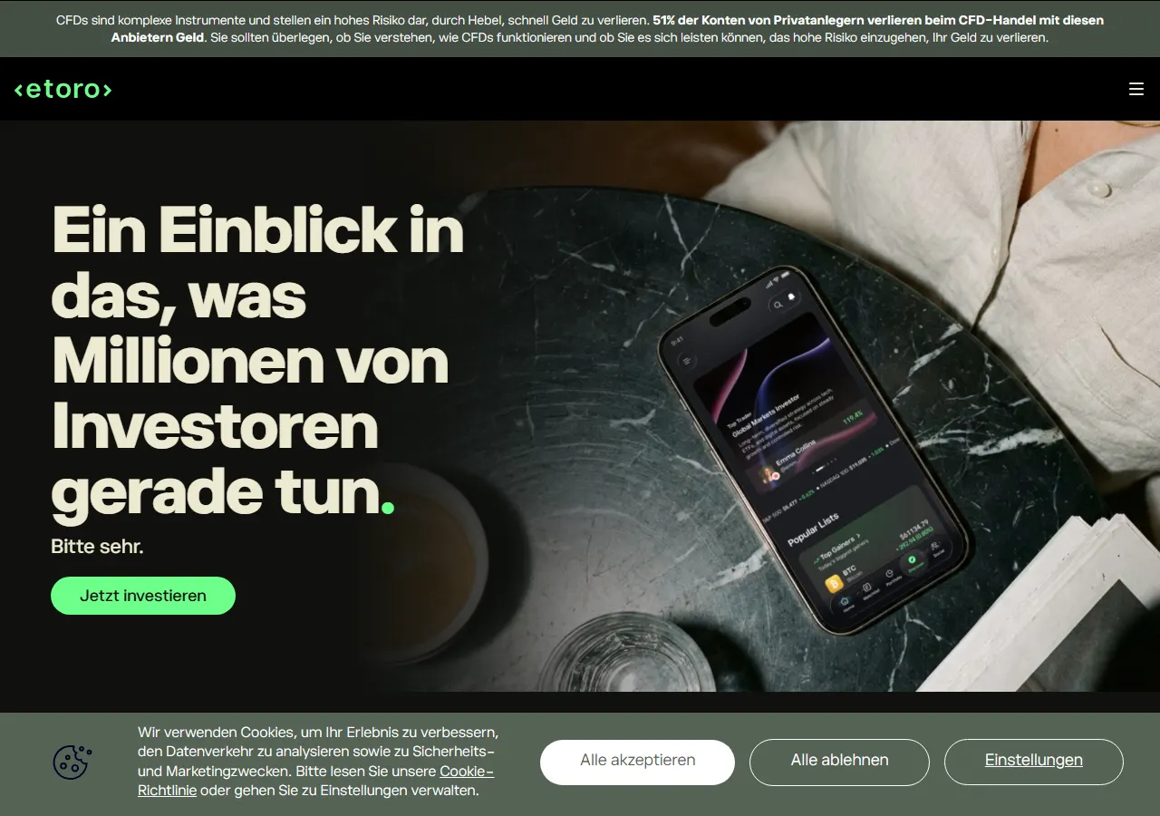 Startseite der Website von eToro