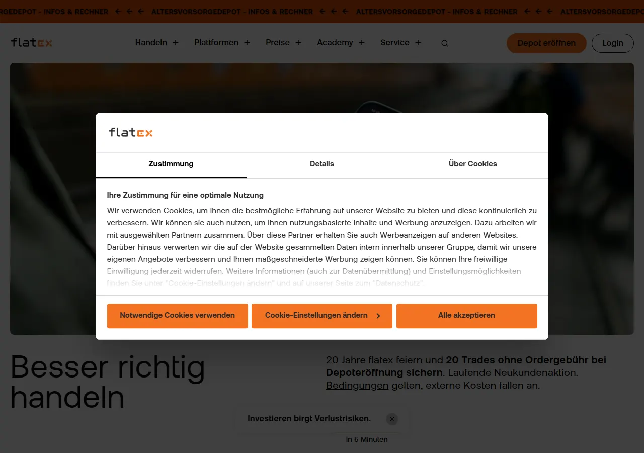 Startseite der Website von flatex