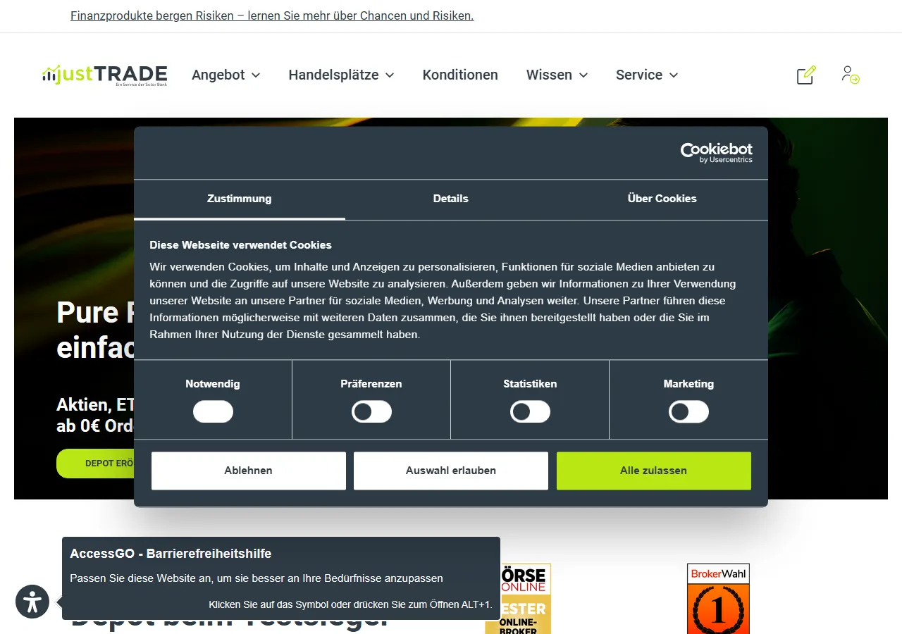 Startseite der Website von justTRADE