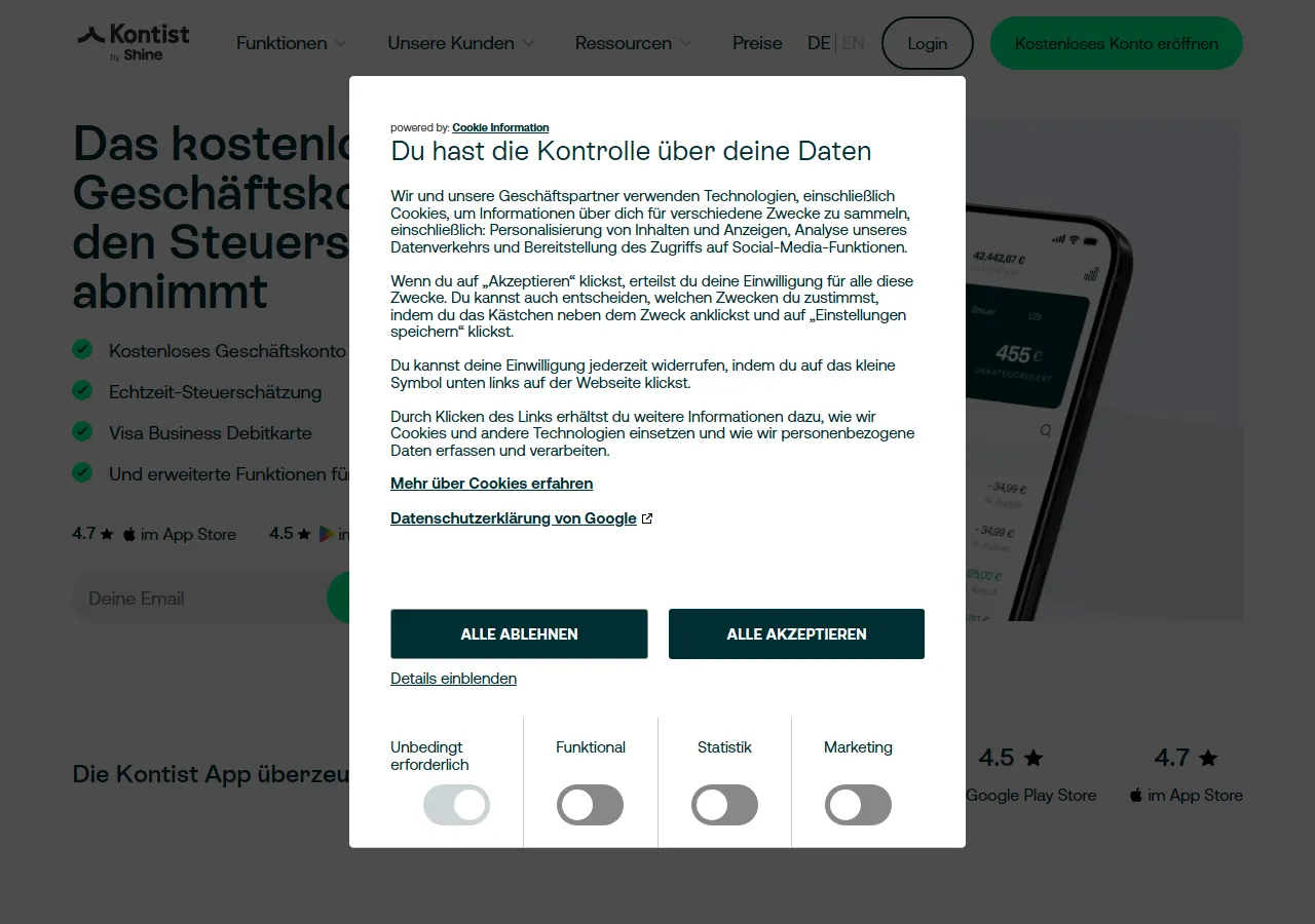 Startseite der Website von Kontist