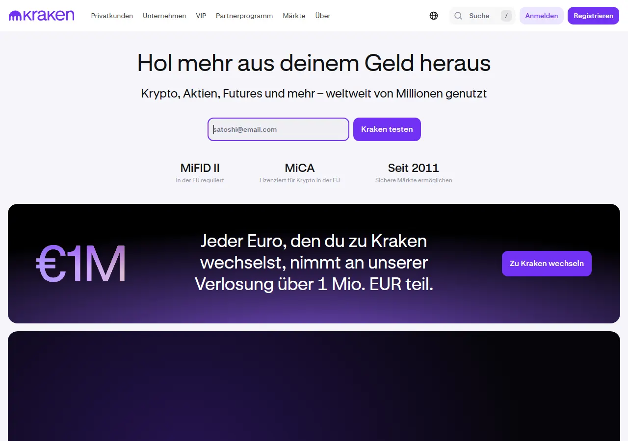 Startseite der Website von Kraken