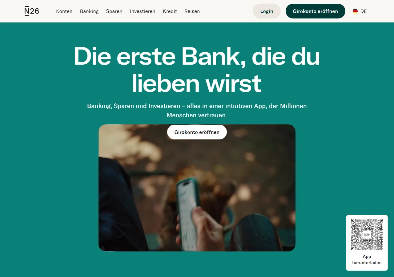 Startseite der Website von N26