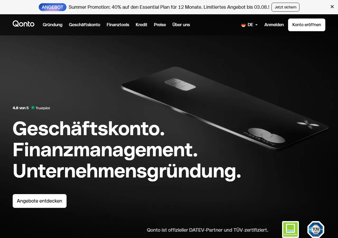 Startseite der Website von Qonto