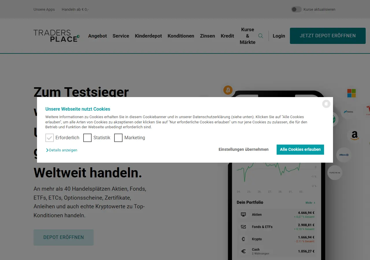 Startseite der Website von Traders Place