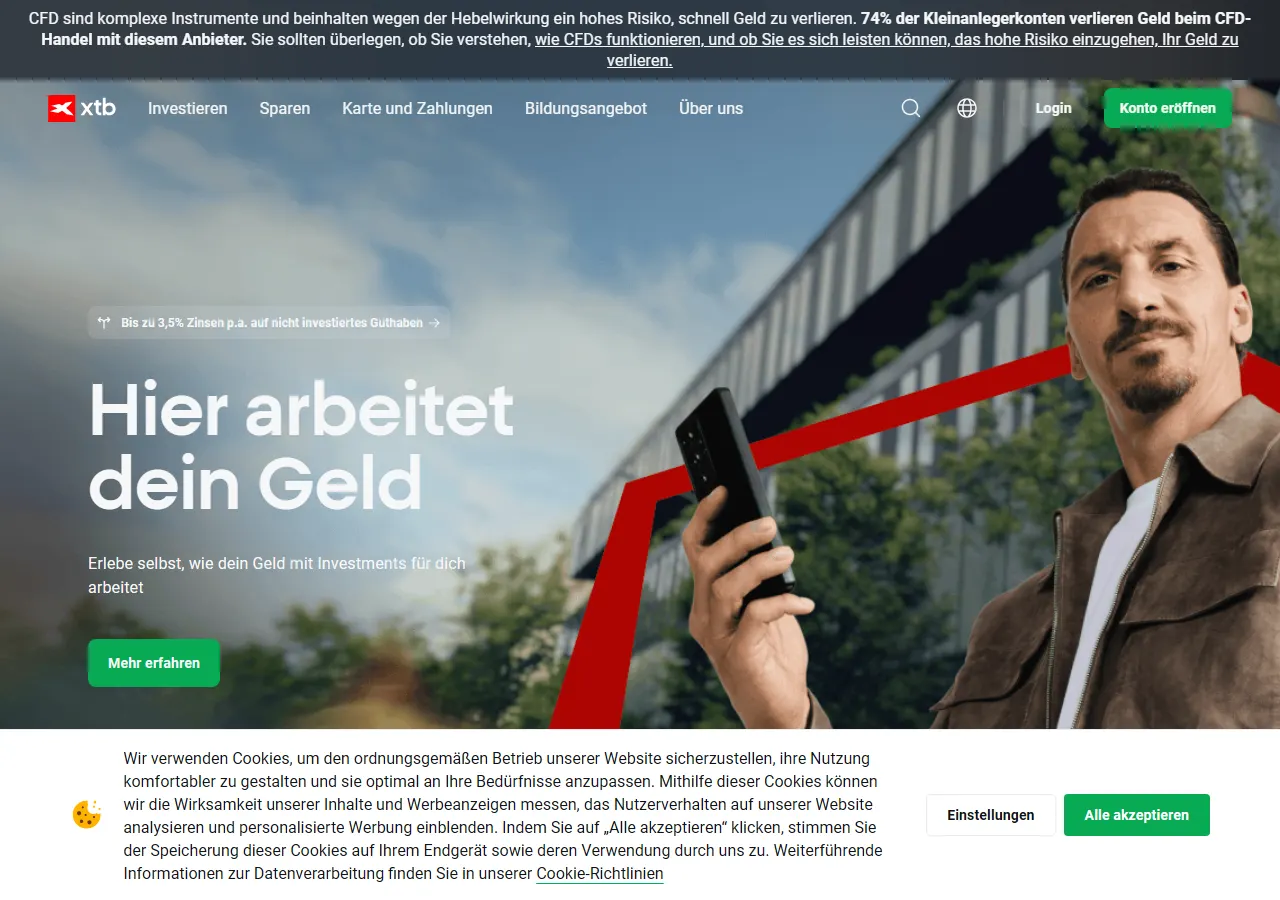 Startseite der Website von XTB